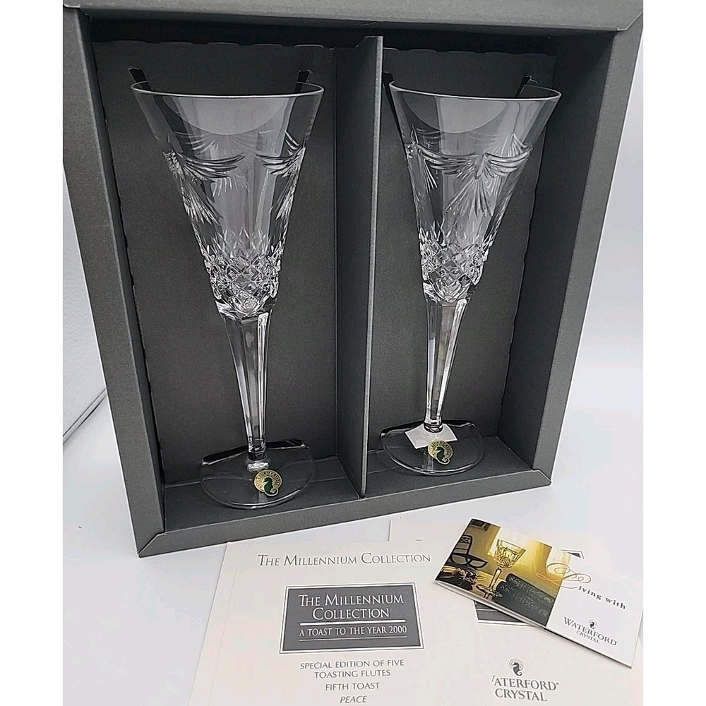 Waterford Crystal Millennium Collection Year 2000 PEACE Toasting Flutes Y2K  Box